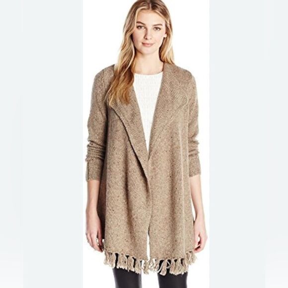 Bass Sweaters - Bass Wool Blend cascading brown fringe long sweater size extra large